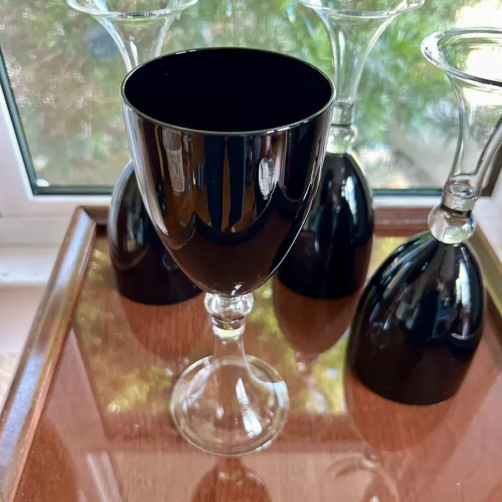 Set of 4 Pier 1 Imports Vintage Dante Black Wine Glasses Water Goblets
